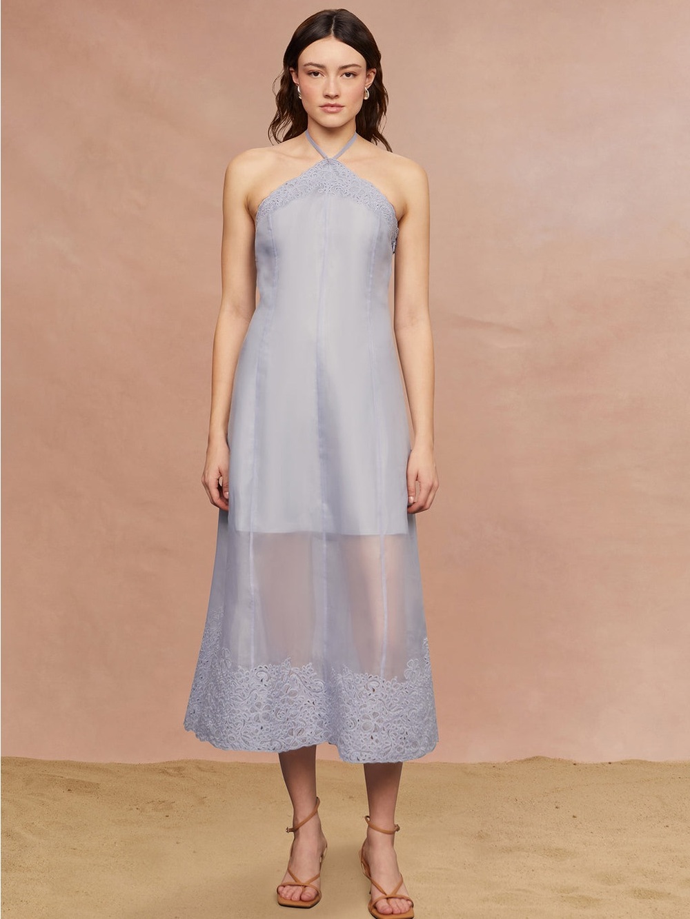 AMUR Light Lavender Halter Lace-Trim Midi Dress